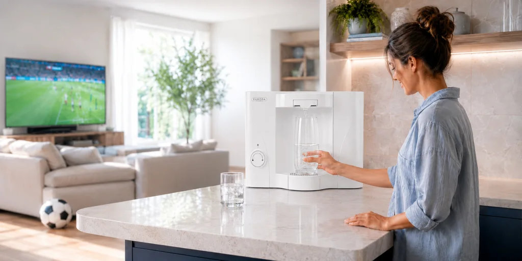 Mulher utilizando purificador Europa em cozinha residencial, cena Aquablu