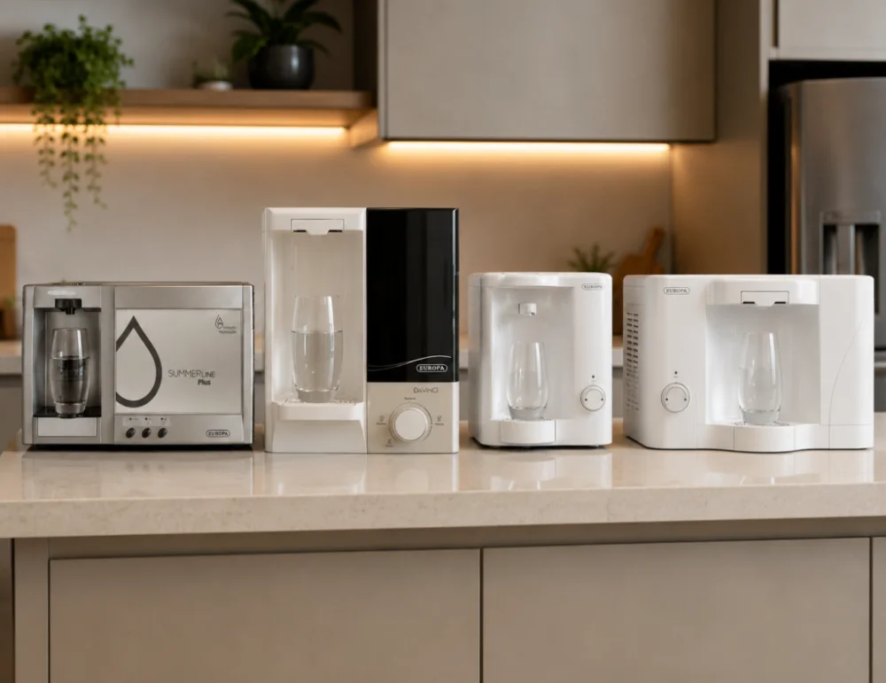 Linha de purificadores Europa na bancada de cozinha