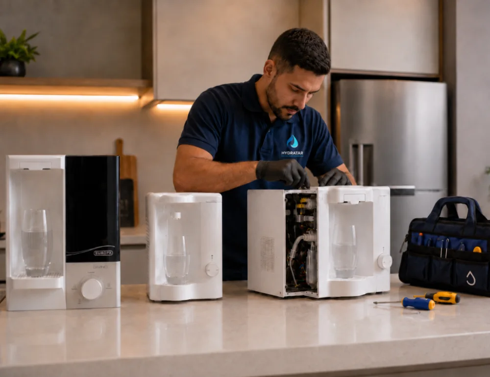 Técnico realizando manutenção em purificadores Europa em cozinha